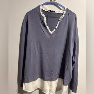 Cornflower blue sweater with attached cream blouse, v-neck